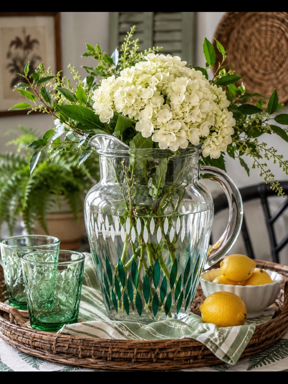 Retro green and white glass water or tea pitcher. No makers mark visible.